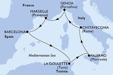 Francúzsko, Španielsko, Tunisko, Taliansko z Marseille na lodi MSC Grandiosa