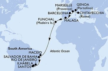 Taliansko, Francúzsko, Španielsko, Portugalsko, Brazília z Civitavechie na lodi MSC Grandiosa