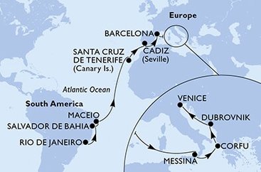 Brazília, Španielsko, Taliansko, Grécko, Chorvátsko z Rio de Janeira na lodi MSC Lirica