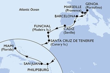 Francúzsko, Taliansko, Španielsko, Portugalsko, Svatý Martin, USA z Marseille na lodi MSC Divina