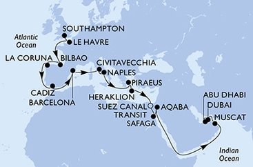 Veľká Británia, Francúzsko, Španielsko, Taliansko, Grécko, Egypt, Jordánsko, Omán, Spojené arabské emiráty zo Southamptonu na lodi MSC Virtuosa