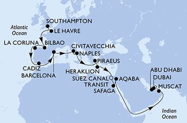 Veľká Británia, Francúzsko, Španielsko, Taliansko, Grécko, Egypt, Jordánsko, Omán, Spojené arabské emiráty zo Southamptonu na lodi MSC Virtuosa
