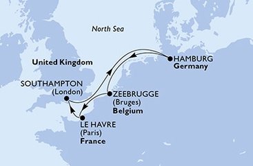 Belgicko, Francúzsko, Veľká Británia, Nemecko zo Zeebrugge na lodi MSC Euribia