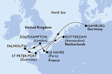 Holandsko, Francúzsko, Veľká Británia, Korunní závislé území Velké Británie, Nemecko z Rotterdamu na lodi MSC Euribia