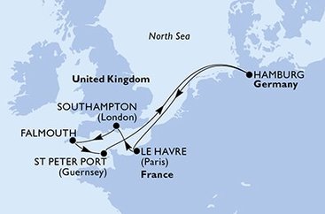 Francúzsko, Veľká Británia, Korunní závislé území Velké Británie, Nemecko z Le Havre na lodi MSC Euribia