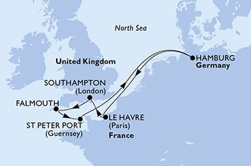 Veľká Británia, Korunní závislé území Velké Británie, Nemecko, Francúzsko zo Southamptonu na lodi MSC Euribia