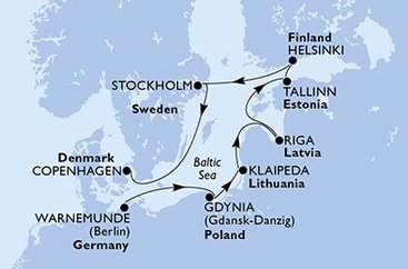 Nemecko, Poľsko, Litva, Lotyšsko, Estónsko, Fínsko, Švédsko, Dánsko z Warnemünde na lodi MSC Poesia