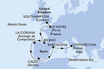 Veľká Británia, Francúzsko, Španielsko, Taliansko zo Southamptonu na lodi MSC Virtuosa
