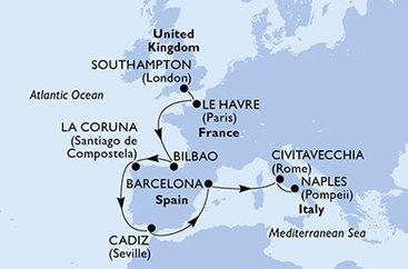 Veľká Británia, Francúzsko, Španielsko, Taliansko zo Southamptonu na lodi MSC Virtuosa