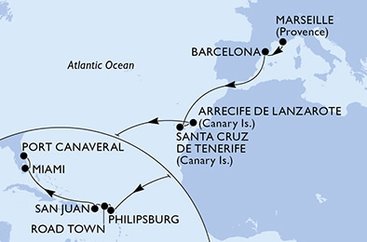 Francúzsko, Španielsko, Svatý Martin, Britské Panenské ostrovy, USA z Marseille na lodi MSC Seashore