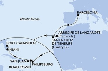 Španielsko, Svatý Martin, Britské Panenské ostrovy, USA z Barcelony na lodi MSC Seashore