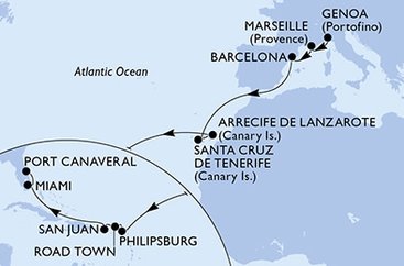 Taliansko, Francúzsko, Španielsko, Svatý Martin, Britské Panenské ostrovy, USA z Janova na lodi MSC Seashore