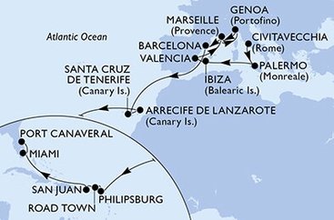 Taliansko, Španielsko, Francúzsko, Svatý Martin, Britské Panenské ostrovy, USA z Civitavechie na lodi MSC Seashore