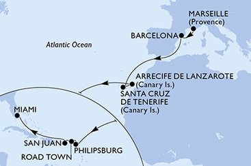 Francúzsko, Španielsko, Svatý Martin, Britské Panenské ostrovy, USA z Marseille na lodi MSC Seashore