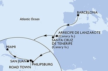 Španielsko, Svatý Martin, Britské Panenské ostrovy, USA z Barcelony na lodi MSC Seashore