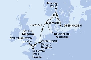 Veľká Británia, Francie, Belgicko, Dánsko, Oslo, Nemecko zo Southamptonu na lodi MSC Preziosa