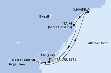 Argentína, Brazília, Uruguaj z Buenos Aires na lodi MSC Lirica