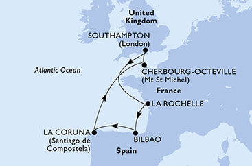 Veľká Británia, Francúzsko, Španielsko zo Southamptonu na lodi MSC Virtuosa