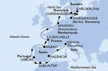 Dánsko, Švédsko, Nemecko, Holandsko, Francúzsko, Španielsko, Portugalsko, Gibraltár, Taliansko z Kodaně na lodi MSC Poesia