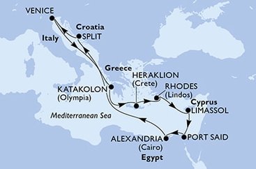 Taliansko, Grécko, Cyprus, Egypt, Chorvátsko z Benátok na lodi MSC Lirica