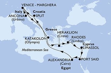 Taliansko, Grécko, Cyprus, Egypt, Chorvátsko z Ancony na lodi MSC Lirica