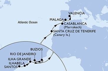 Brazília, Španielsko, Maroko zo Santosu na lodi MSC Grandiosa