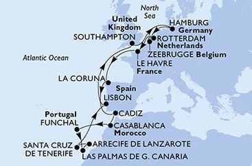 Belgicko, Holandsko, Francúzsko, Španielsko, Maroko, Portugalsko, Veľká Británia, Nemecko zo Zeebrugge na lodi MSC Euribia