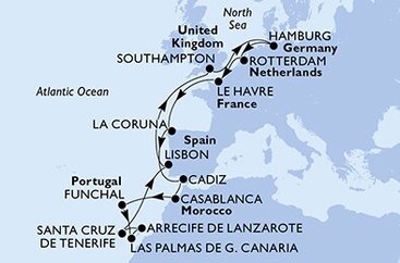 Holandsko, Francúzsko, Španielsko, Maroko, Portugalsko, Veľká Británia, Nemecko z Rotterdamu na lodi MSC Euribia