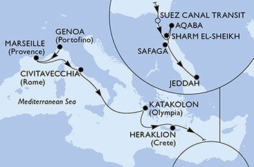 Taliansko, Francúzsko, Grécko, Egypt, Jordánsko, Saúdská Arábie z Janova na lodi MSC Orchestra