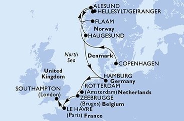 Dánsko, Nórsko, Nemecko, Holandsko, Belgicko, Francúzsko, Veľká Británia z Kodaně na lodi MSC Euribia