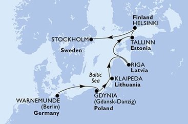 Nemecko, Poľsko, Litva, Lotyšsko, Estónsko, Fínsko, Švédsko z Warnemünde na lodi MSC Poesia