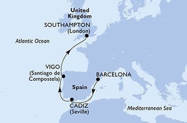 Španielsko, Veľká Británia z Barcelony na lodi MSC Virtuosa