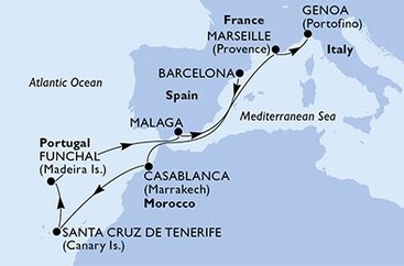 Španielsko, Maroko, Portugalsko, Francúzsko, Taliansko z Barcelony na lodi MSC Poesia