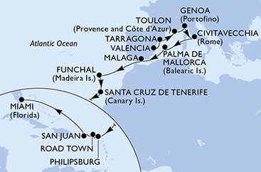 Španielsko, Francúzsko, Taliansko, Portugalsko, Svatý Martin, Britské Panenské ostrovy, USA z Valencie na lodi MSC Magnifica