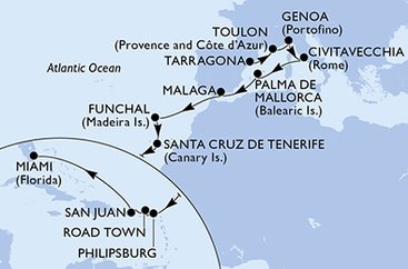 Španielsko, Francúzsko, Taliansko, Portugalsko, Svatý Martin, Britské Panenské ostrovy, USA z Tarragony na lodi MSC Magnifica