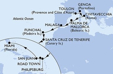 Francúzsko, Taliansko, Španielsko, Portugalsko, Svatý Martin, Britské Panenské ostrovy, USA z Toulonu na lodi MSC Magnifica