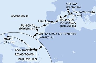 Taliansko, Španielsko, Portugalsko, Svatý Martin, Britské Panenské ostrovy, USA z Janova na lodi MSC Magnifica