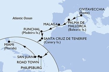 Taliansko, Španielsko, Portugalsko, Svatý Martin, Britské Panenské ostrovy, USA z Civitavechie na lodi MSC Magnifica