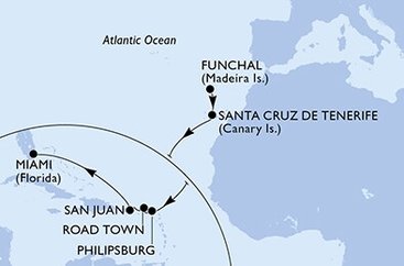 Portugalsko, Španielsko, Svatý Martin, Britské Panenské ostrovy, USA z Funchalu na lodi MSC Magnifica