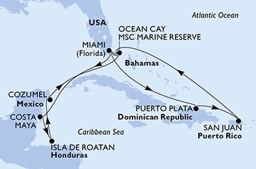 USA, Dominikánska republika, Bahamy, Mexiko, Honduras z Miami na lodi MSC World America