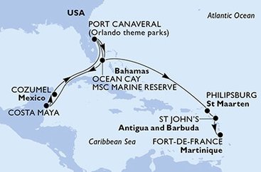 USA, Bahamy, Mexiko, Svatý Martin, Antigua a Barbuda, Martinik z Port Canaveralu na lodi MSC Seaside