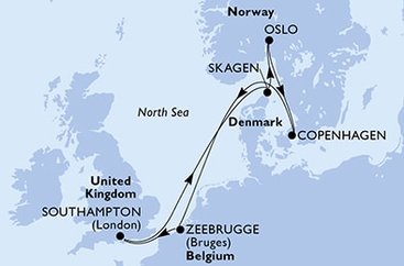Veľká Británia, Dánsko, Nórsko, Belgicko zo Southamptonu na lodi MSC Virtuosa