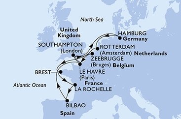 Belgicko, Francúzsko, Veľká Británia, Nemecko, Holandsko, Španielsko zo Zeebrugge na lodi MSC Euribia
