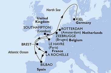 Holandsko, Francúzsko, Španielsko, Veľká Británia, Belgicko, Nemecko z Rotterdamu na lodi MSC Euribia