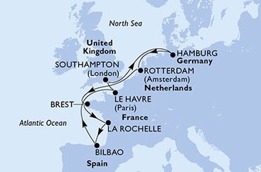 Francúzsko, Veľká Británia, Nemecko, Holandsko, Španielsko z Le Havre na lodi MSC Euribia