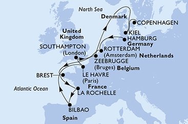 Nemecko, Holandsko, Francúzsko, Španielsko, Veľká Británia, Belgicko, Dánsko z Hamburgu na lodi MSC Euribia