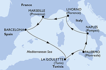 Španielsko, Tunisko, Taliansko, Francúzsko z Barcelony na lodi MSC Grandiosa