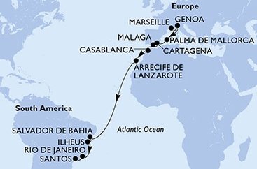 Francúzsko, Taliansko, Španielsko, Maroko, Brazília z Marseille na lodi MSC Seaview