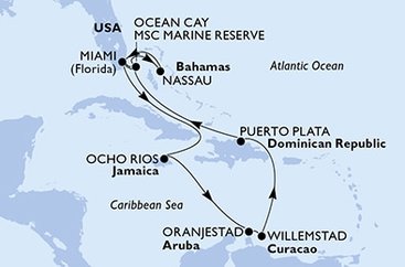 USA, Bahamy, Jamajka, Aruba, Curacao, Dominikánska republika z Miami na lodi MSC Divina