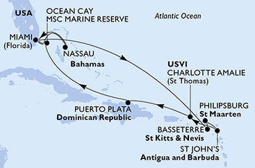 USA, Svätý Krištof a Nevis, Svatý Martin, Antigua a Barbuda, Dominikánska republika, Bahamy z Miami na lodi MSC Divina